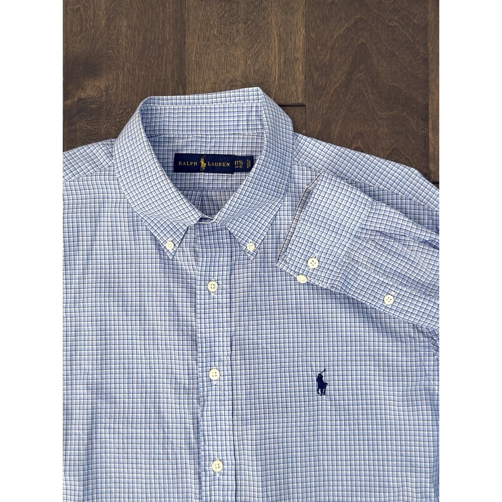 Polo Ralph Lauren Mens Blue Plaid Button Down Shirt Size 17.5 34-35 Classic Fit